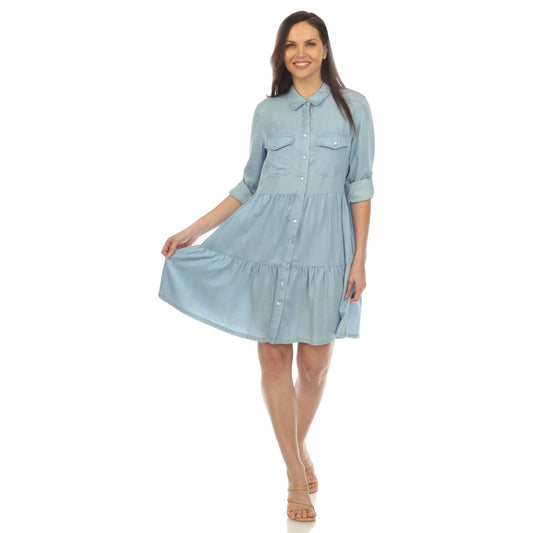 DULANEY-Women's Long Sleeve Tiered Midi Shirt Dress